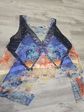 Style & Co. Sheer Multi-Pattern Sleeveless Tank in Blue, Orange, Yellow